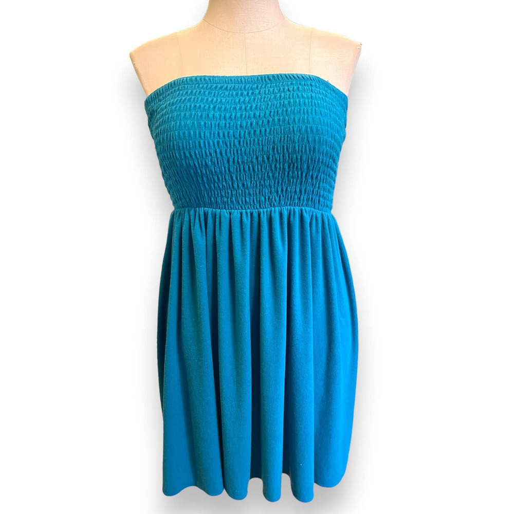 New Torrid 5 (5X 28) Teal Blue Smocked Terry Cloth Swim Cover Up Beach Dress‎